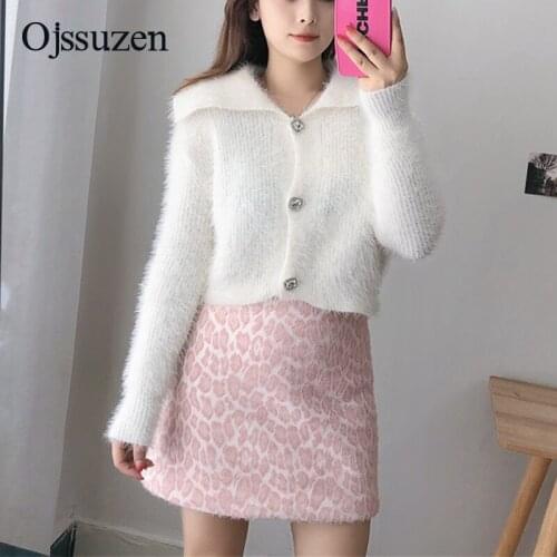 Pink Black Short Warm Knitted Cardigans Women Cropped Turn Down Long Sleeve Sweater Jacket Ladies Cardigans Button Autumn Winter