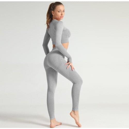 CHRLEISURE Women Two Piece Set Gym Sports Fitness Long Sleeve Tops And High Waist Leggings Workout Women Suits Sportwear
