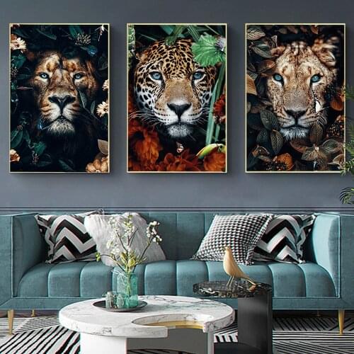 Animal In Flowers Wall Art Print Canvas Painting Lion Poster Tiger Leopard Pictures Nordic Classical Home Living Room Decoration