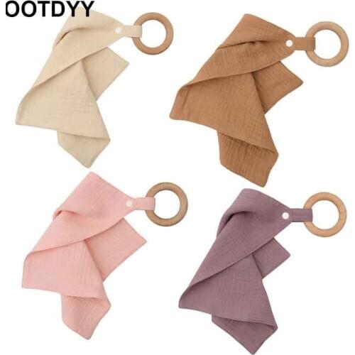 1pc Baby Bibs Saliva Towel with Wooden Teether Newborn Solid Color Snap Button Soft Absorbent Towel Burp Cloths Gym Play Toys
