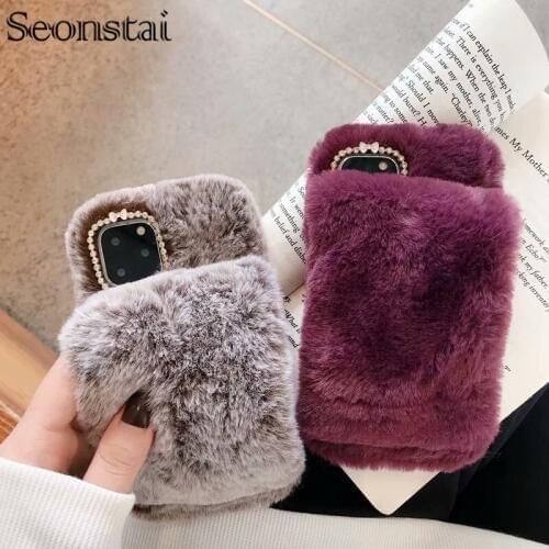 Cute Warm Rabbit Fur Plush Diamond Phone Case For iPhone 11 XR 6 6S 7 7Plus 8 Plus Lovely Cute Furry Soft Hair Back Holder Capa