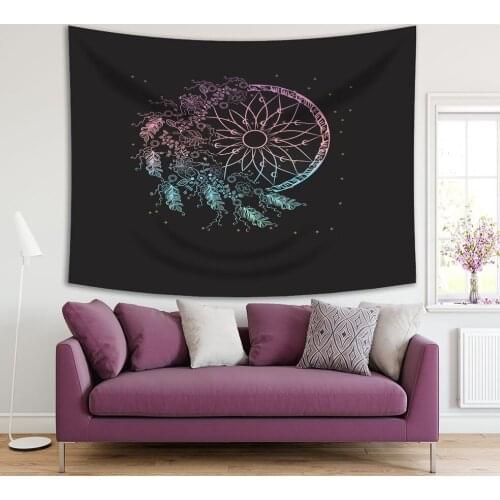 Tapestry Dreamcatcher Feather Flowers Pattern Against Starry Night Sky Bohemian Style Artwork Pink Blue Black