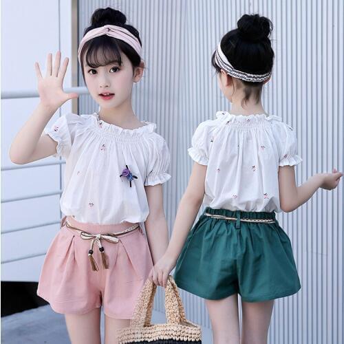 Girls Clothing Sets 2019 Summer Cotton One-neck Tops & Shorts Two-piece Children Sets Casual Fashion Girls Clothes Suit