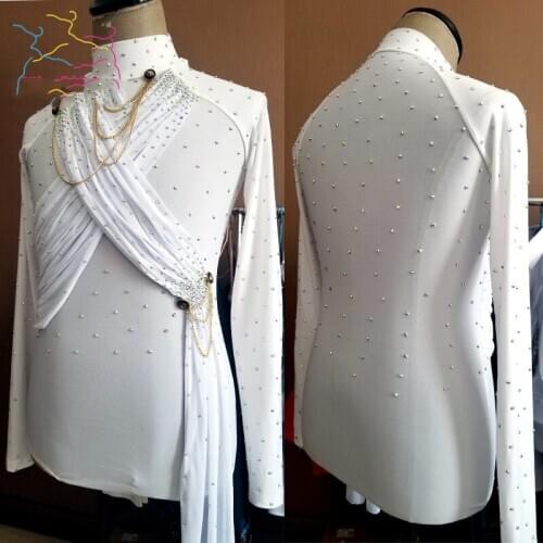 Rhinestone Gold Chain Male Latin Dance Shirt Long-Sleeved Performance Tops For MenS Standard Practice Clothes Customize DL4746