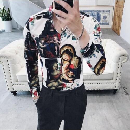 Men Luxury Printing Shirt Gold Black White Long Sleeve Camisa Masculina Chemise Homme Social Men Club Prom Shirt