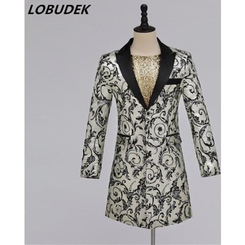 Mens Singer Host Magician Slim Long Blazer Vintage Court Jacquard Suit Jacket Coat Evening Party Concert Performance Costume