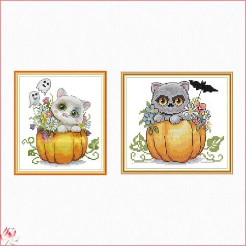 The Cat And The Pumpkin Cross Stitch Kit 14ct 11ct Printed Fabric Embroidery Kit DIY Handmade Needlework Deco Halloween Gift