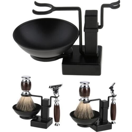 Bathroom Barber Men Metal Shaving Rack Stand Set - Shave Brush Holder Shelf + Soap Mug Cup Bowl Black