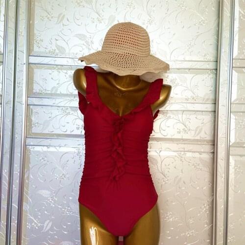 2021 New Fashion Ladies Solid Color Swimsuit Sexy Off-shoulder Ruffled Pleated Slimming Belly Cover One-piece Briefs Bikini