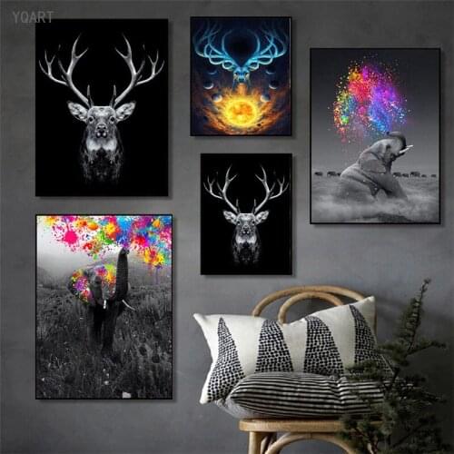 Modern Animals Art Black Deer Canvas Posters and Prints Elephant Paintings Print Pictures for Home Living Room Wall Decoration
