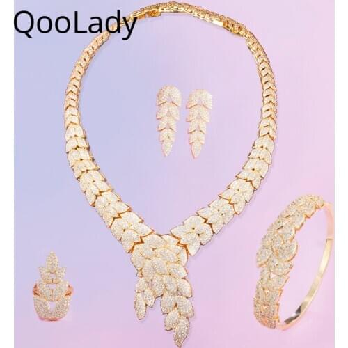 QooLady Luxury Brides 4pcs Dubai Gold Jewelry Sets Drop Earring Necklace Bracelet Ring Naija Wedding Accessories Statement Z049