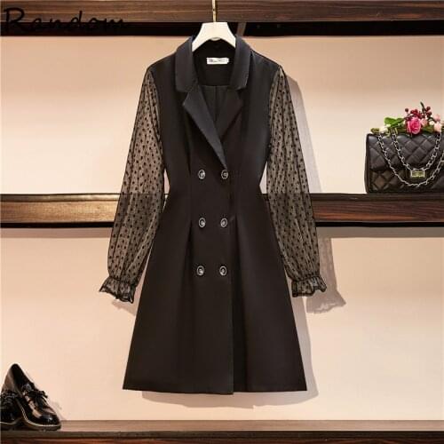 Plus Size S-4XL Women Double breasted Elegant Business Office Ladies Blazer Dress Mesh Sleeve A Line Work Coat Dresses Clothing