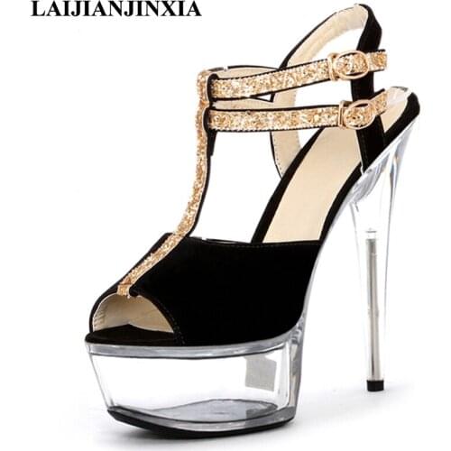 LAIJIANJINXIA 15 cm high with star banquet buckle shoes Thick soles sequins fish mouth sandals High Heel Shoes
