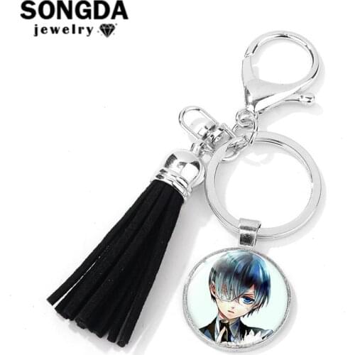 SONGDA Black Butler Key Chain Anime Patterns Glass Art Pendant Tassel Keychain Ciel Phantomhive Sebastian Key Holder Otaku Gift