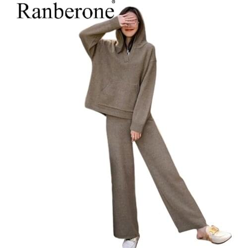Ranberone Sport Suit Female V-neck Sweater+Wide Leg Trousers Womens Tracksuit Autumn Winter Two Piece Suit Fitness Sportswear