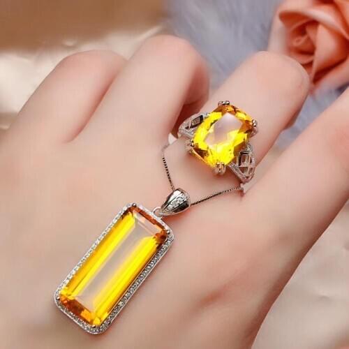 Wedding Best Gift Real natural citrine jewelry set Natural Real citrine 925 sterling silver 1 pendant, 1 ring