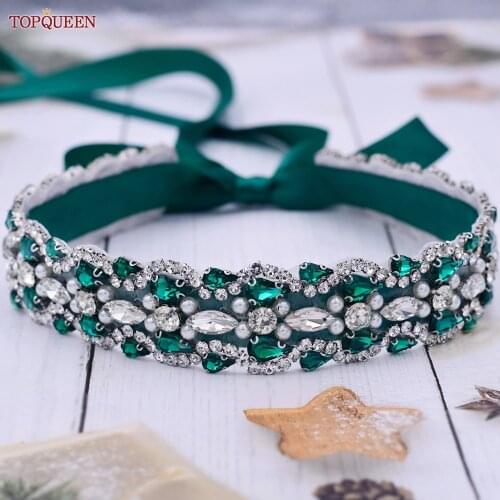 TOPQUEEN S466 Luxury Bridal Dress Belts Elegant Woman Clothes Accessories Green Rinestone Belt Wedding Sash Womens Party Sashes