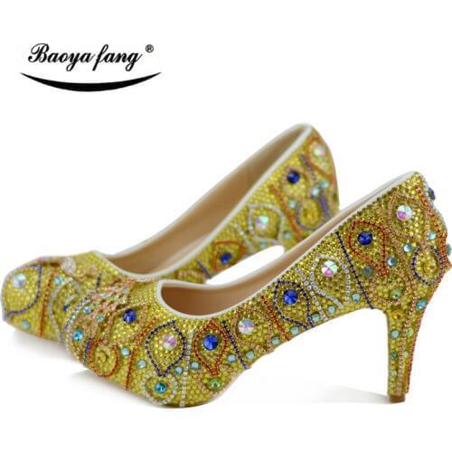 Women Wedding shoes High heels platform shoes round toe yellow Luxury crystal handmade party dress shoes ladies fashion Pumps