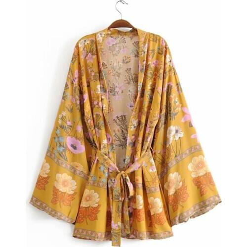 Fitshinling Vintage Autumn Kimono Print Floral Bohemian Flare Sleeve Cover-Up With Sashes Holiday Slim Long Cardigan Women Sale
