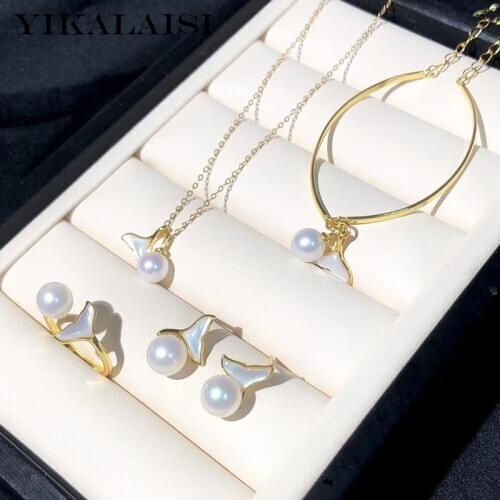 YIKALAISI 925 Sterling Silver Jewelry Set For Women Round Natural Freshwater Pearl Fishtail Set Wholesale