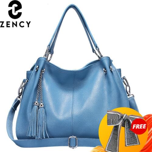Zency Classic Brand Women Shoulder Bag 100% Genuine Leather Fashion Tassel Hobos Handbag Ladies Messenger Crossbody Purse Black