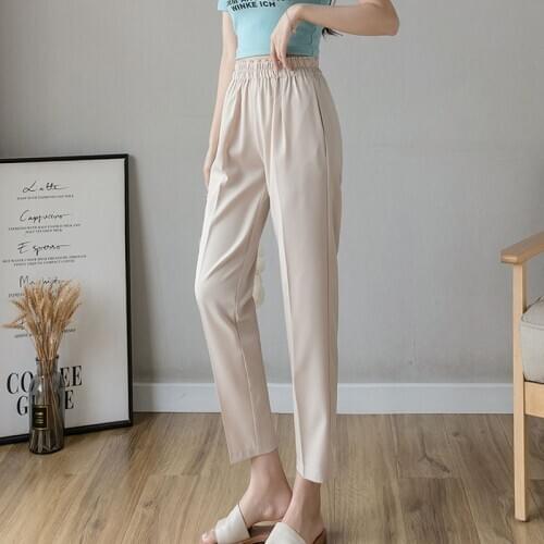 Woman Pants 2020 Autumn Casual Full Length Elastic Waist Pockets Spliced Solid High Flat Pants for Women Black Pants 0835