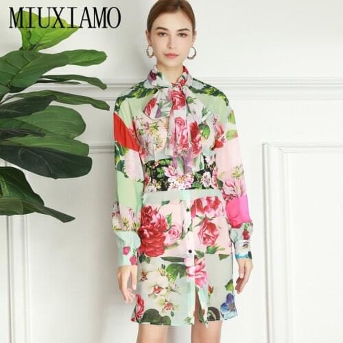 MIUXIMAO 2021Spring Summer Stand Collar Small Fresh Printed Long Sleeve Short Dress Women + Diamond Strap Waist Seal Vestidos