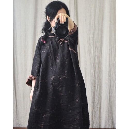 Ladies Dress Vintage Original Cotton Linen Button 2021 Autumn Spring Printing Floral Casual Fashion Robe Female YoYiKamomo