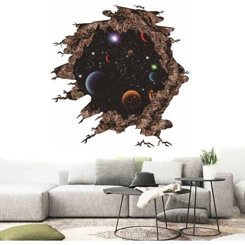3D Outer Space Planet Wall Sticker 3D Effect Through Wall Home Decor Galaxy Mural Decals Living Room Bedroom Decoration