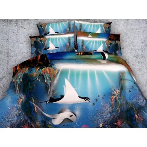 4/6pcs oil painting style bed sheets ocean manta ray duvet covers King Queen size bedding set 3D sea bed linen blue bedclothes