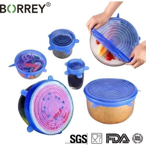 BORREY 6Pcs Reusable Silicone Food Cover Stretch Lids Cover Food Fresh Keeping Kitchen Wrap Fresh Keeping Silicone Caps Cover
