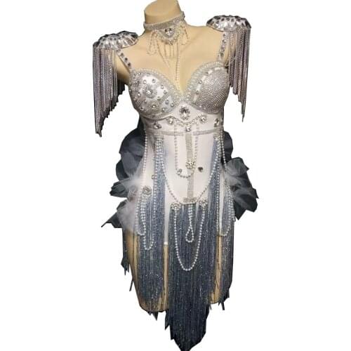 Shining Three-Piece Suit Tassel Rhinestones Jumpsuit Epaulettes Necklace Ladies Dance Costume Personality Performance Costume
