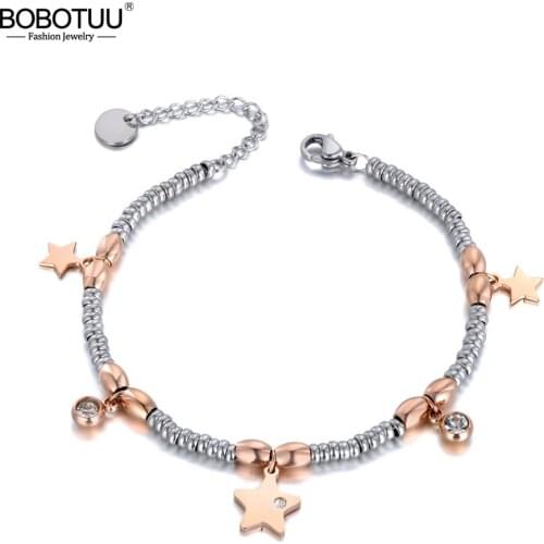 BOBOTUU Titanium Stainless Steel CZ Crystal & Star Charm Bracelets For Women Girls Rose Gold Chain Link Bracelet Jewelry BB19105