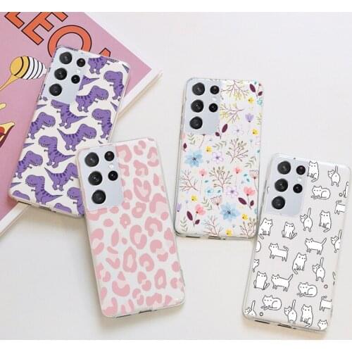 Dinosaur Flower Case For Samsung Galaxy S21 Ultra Plus Cover Soft Silicone Clear Shell For Samsung S21+ S 21 Plus Capa Funda Bag
