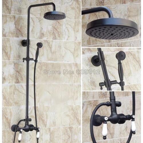 Black Oil Rubbed Bronze Wall Mounted Dual Ceramic Handles Rain Shower Faucet Set with Hand Spray Bathroom Mixer Taps Wrs476