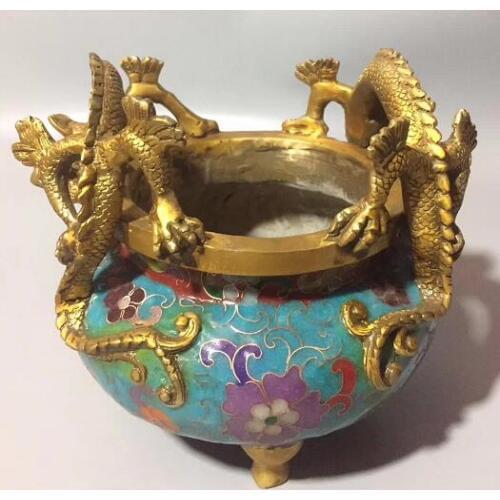 Pure Bronze Cloisonne Carved Flower Double Dragons Incense Burner Censer Zodiac Dragon Animal Statue Luck Household Decoration