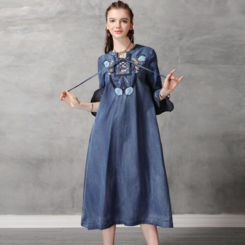 TEELYNN denim boho tunic dresses bule cotton floral Embroidery Autumn dress flare sleeve Gypsy loose long women dresses vestido