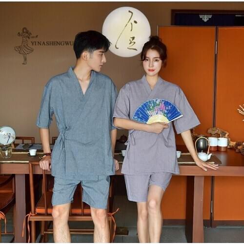 Kimono Japanese Unisex Yukata Cardigan Pajamas Set Simple Home Couple Suit Women Men Nightgown Bathrobe Summer Pure Cotton Short