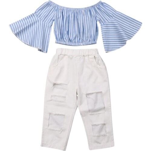 Toddler Baby Girls Clothes Set Summer Kids Striped Outfit Off Shoulder Flared Sleeve Top+Hole Pants 2pcs Children Clothing Set