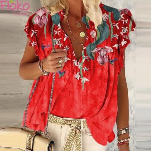 Flokocloset Summer V-Neck Floral Print T-Shirt Summer Short Sleeve Casual Tee Streetwear Ruffles Blouse Oversized
