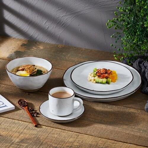 Japanese Ceramic Tableware Stoneware Noodle Bowl Breakfast Coffee Cup and Saucer Set Retro Home Western Food Disc Dish Set