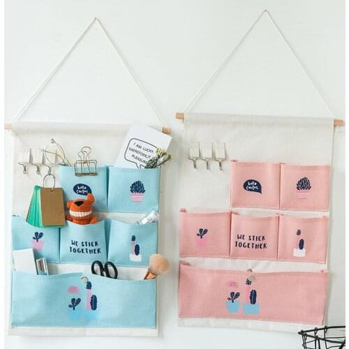 6 Pockets Wall Hanging Storage Bags Cotton Linen Door Organizer Waterproof Pouch Bedroom Home Wall Decoration Cactus