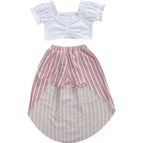 Newly Summer Infant Baby Girls Clothes Sets White Ruffles Sleeve T Shirts Tops+Striped Shorts Skirts