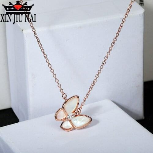 New 925 silver original 18k rose gold natural white Fritillaria Butterfly Pendant Necklace for women luxury noble brand jewelry