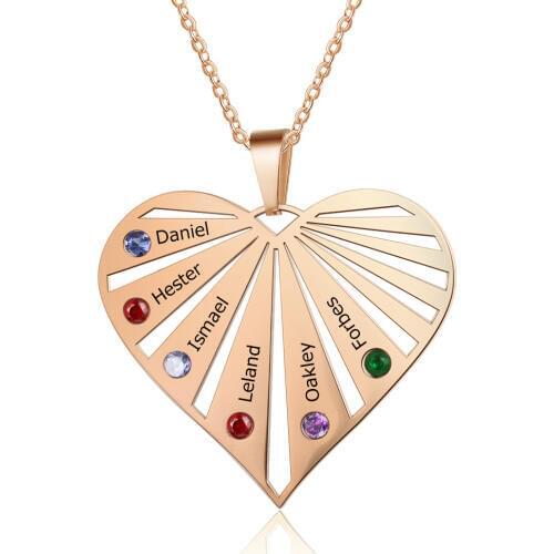 Fashion Personalized Necklaces Stainless Steel Heart Pendant Women Jewelry Engrave 6 Names Birthstones Exquisite Gift for Family