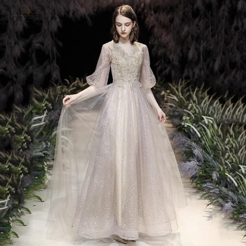 Dresses Woman Party Night O-Neck Evening Dresses Long Ankle-Length Appliques Prom Dress A-Line Sexy Long Dress