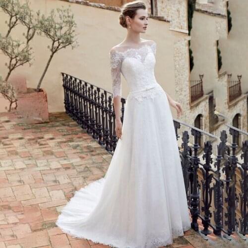 Vintage Boat Neck 3/4 Long Sleeves Lace Applique Bodice Wedding Dress Sexy Bridal Gowns Sweep Train Vestido De Noiva