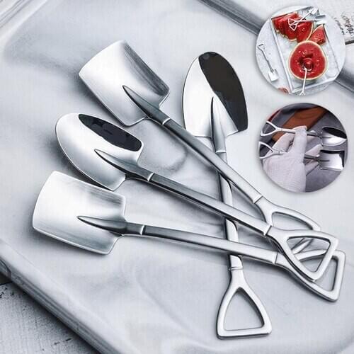 Stainless Steel Iron Shovel Spoon Coffee Ice Cream Spoon Engineering Shovel Retro Cute Square Head Spoon Kitchen Gadget