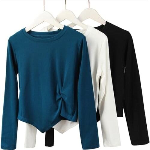 Designer Criss-Cross Front Irregular Crop Top Basic T Shirt Women Long Sleeve O-Neck Solid Tee Shirt Femme Autumn Winter Clothes