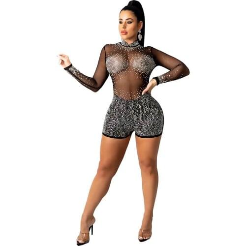Women Jumpsuits Outfits Solid Long Sleeve Round Collar Sheer Mesh Stretchy Bodycon Playsuits Casual Romper Summer 2021